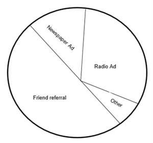 Circle with friend referral, newspaper ad, radio ad, and other sectioned off 